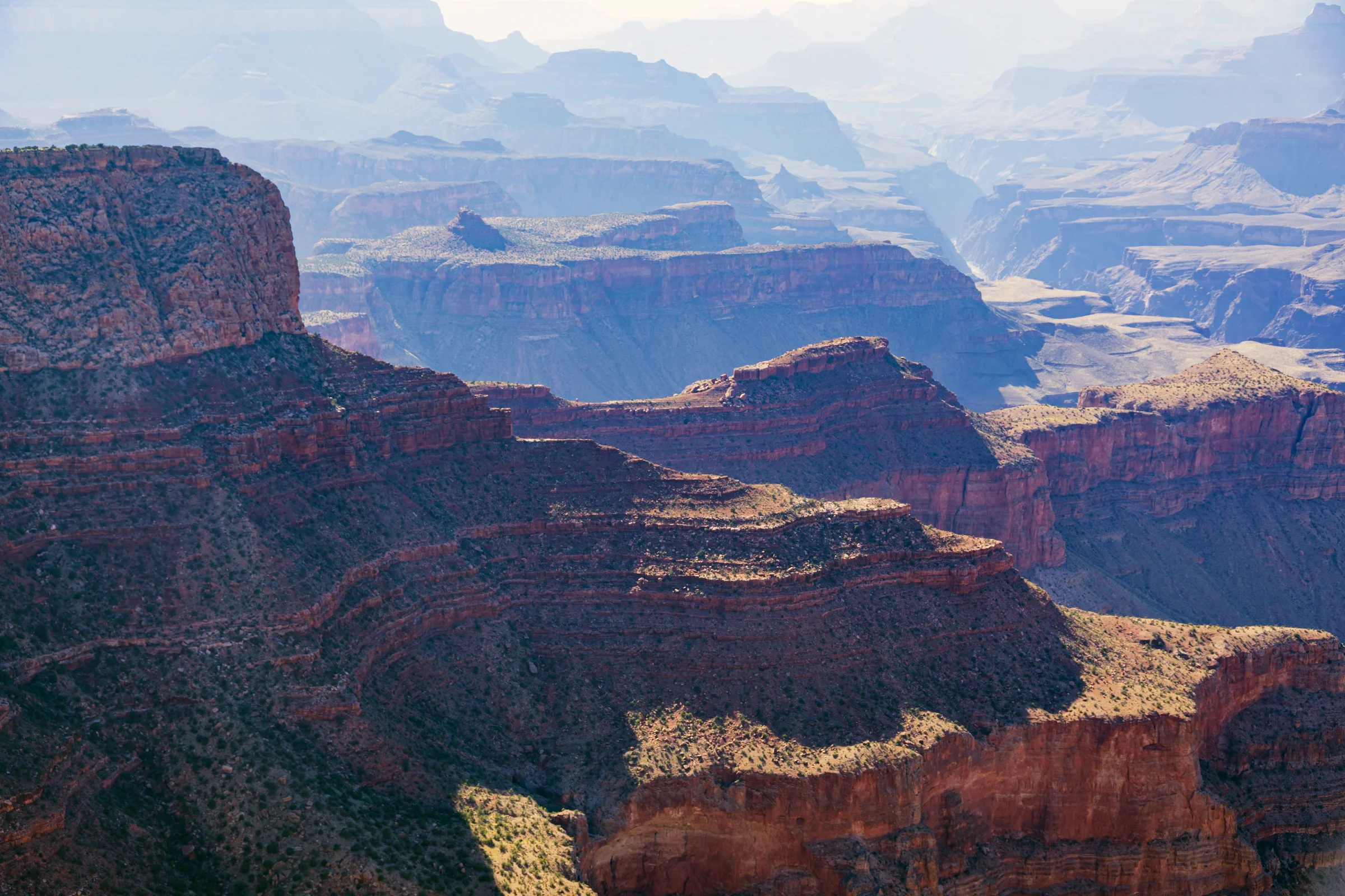 Grand Canyon South Rim panoramic view of canyon layers and Colorado River basin